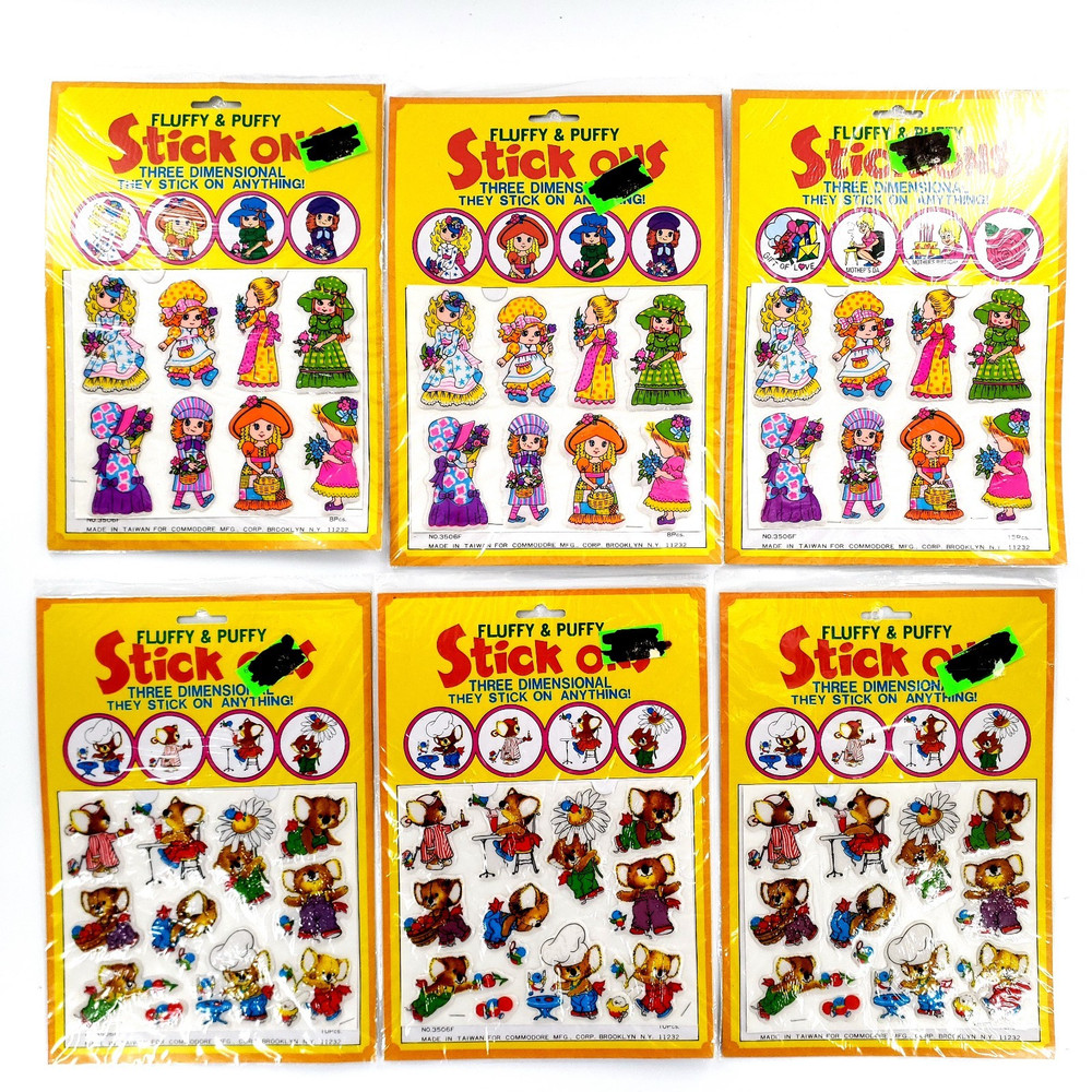 Vintage Fluffy & Puffy Stick Ons Lot Of 6 Sticker Sheets Girls & Bears Brand New