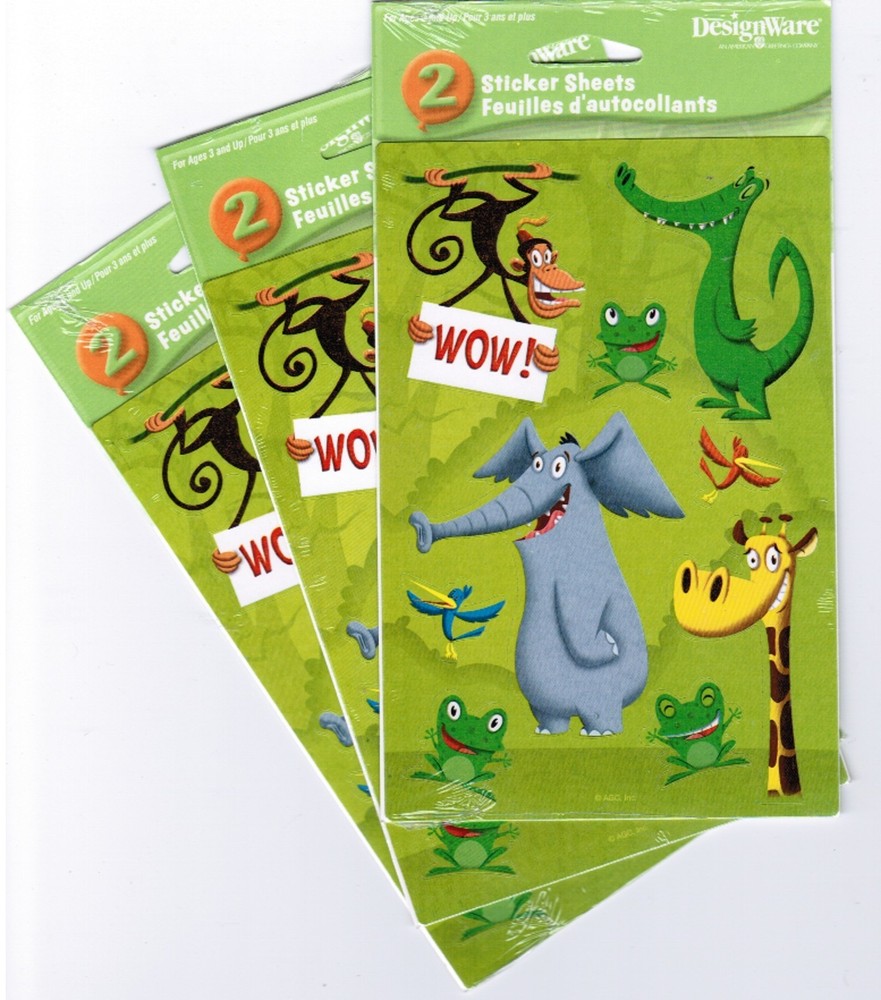 3 NEW packs Fun Animals Stickers Monkey Alligator Elephant Frog Giraffe 6 sheets