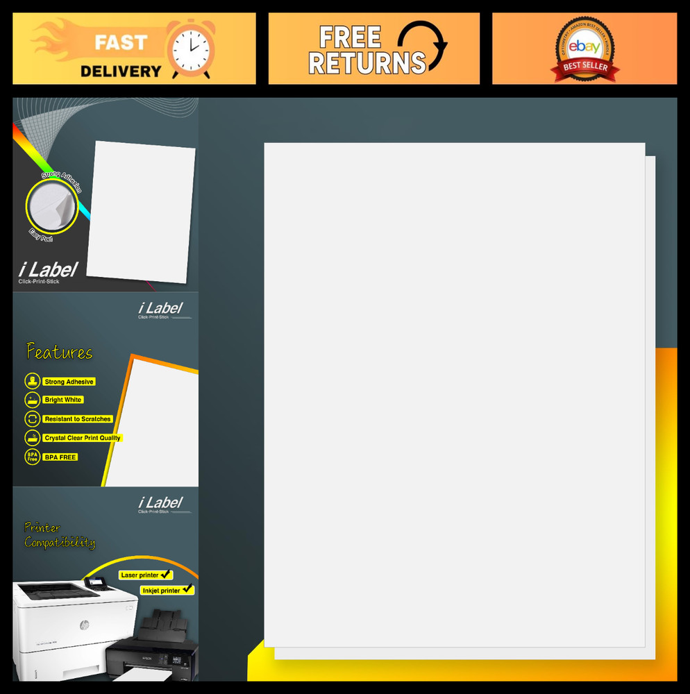 500 Sheets 8.5×11 Full Sheet Label Sticker Paper for Laser & Inkjet Printers