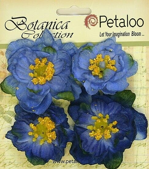 RUFFLED PEONY – BLUE – 45 to 50mm x 4 Flowers with Centre FABRIC Petaloo A1