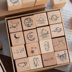 16 Pcs Planet Moon Stars Cloud Wooden Rubber 0.79 x inches, Wood Color