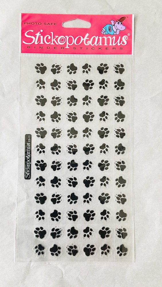 Vtg STICKOPOTAMUS binder STICKERS dog paw prints black clear Scrapbook New