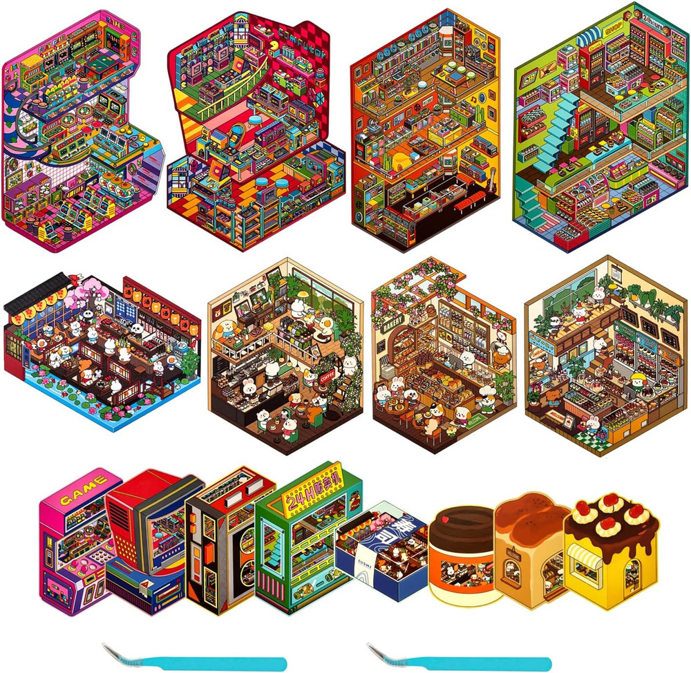 8 Sets Big Foldable DIY 3D House Sticker Scene – Fun 3D Stickers for Adults Kids