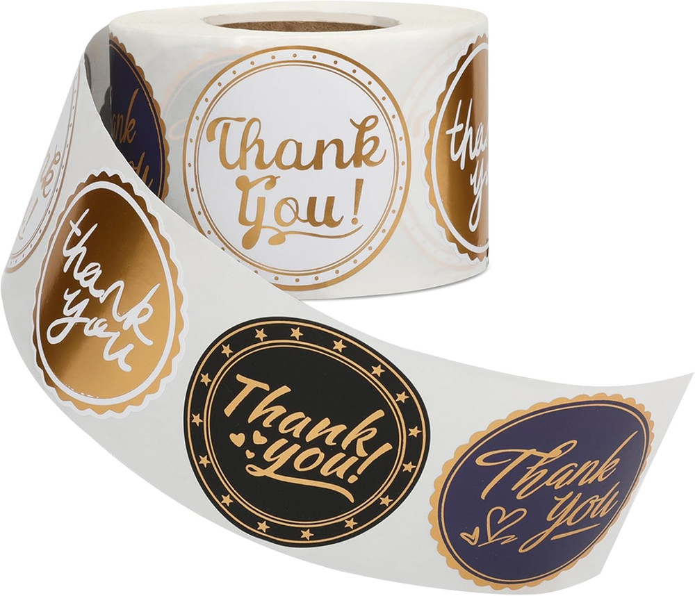 500 Round Foil Thank You Stickers 4 Designs Roll Waterproof Scratchproof 2 Inch