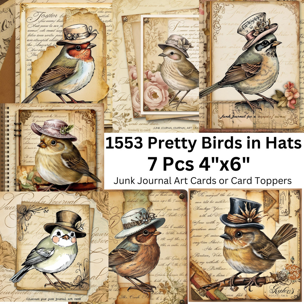 Pretty Birds In Hats Postcards Junk Journal Art Card, Card Topper 7 pcs, 4″ x 6″