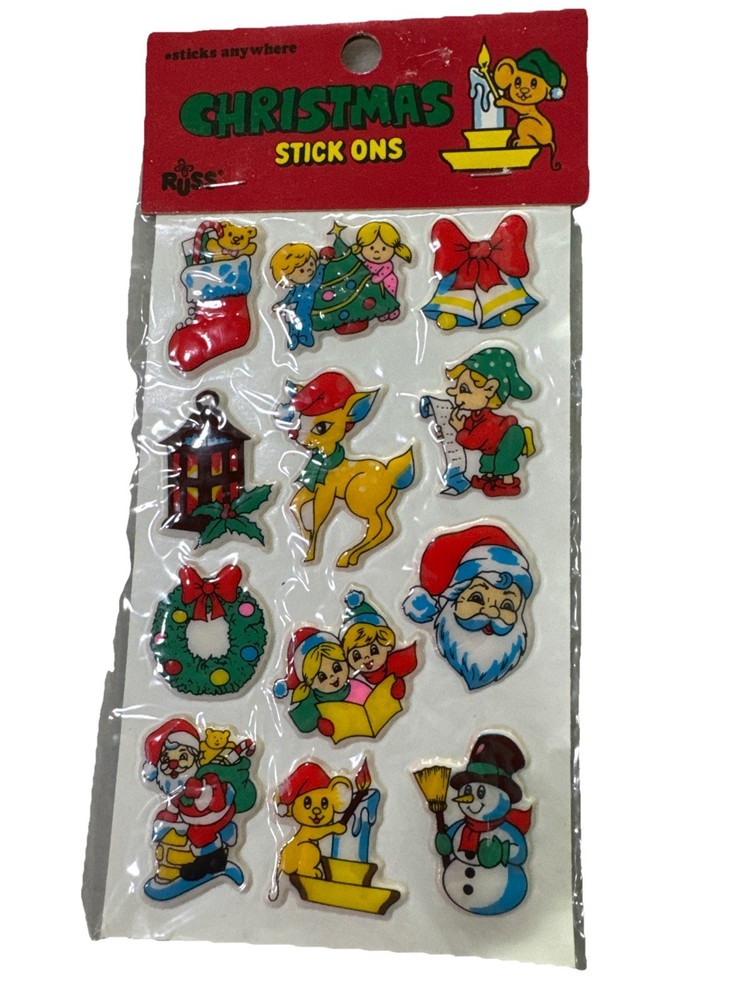 Vintage Puffy Stickers Russ Christmas Stick Ons Taiwan 1980s Santa Reindeer NOS