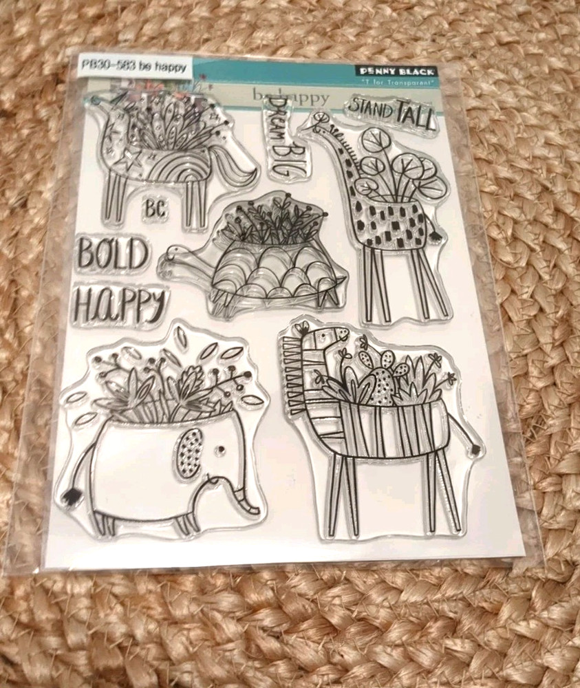 Penny Black Clear Stamp set BE HAPPY Elephant Turtle Giraffe