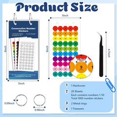 1000 Pcs Consecutive Number Stickers 1-50 20 Sheets 0.4 Inch Colorful Small roun