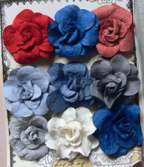 LIBERTY LARGE ROSE Red Blue White 9 Pack Approx 40-42mm Paper PRIMA PCb