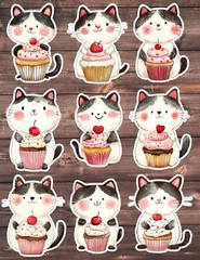 Cat With Cupcake Die Cut Stickers Set Scrapbooking Laptop WaterBottle