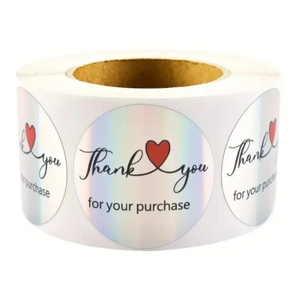 500/Roll 1.5″ Laser Holographic Heart Thank You Stickers for Business Package