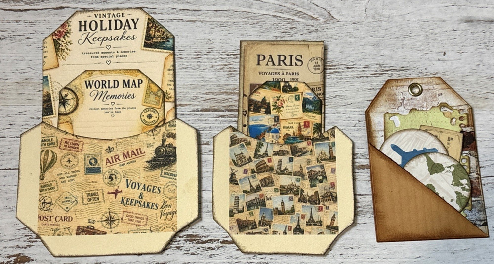 3 Vtg TRAVEL Stuffed Pockets Journal Tags Ephemera Holiday World Map Keepsakes