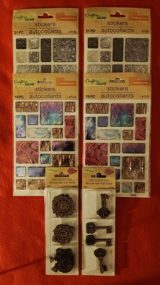 Lot of 6 Crafters Square texture Puffy stickers tile border gems 80 pc & laser..