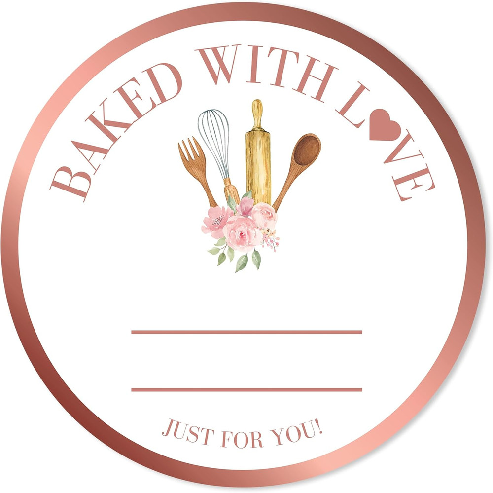 Rosegold Baked with Love Stickers | 2 Inch 300Pcs Packaging Labels for Baked Goo