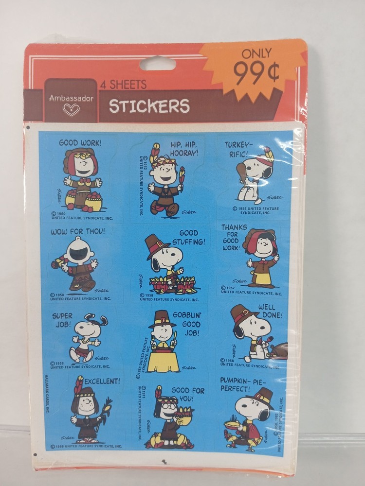 VINTAGE HALLMARK PEANUTS THANKSGIVING AMBASSADOR 4 SHEETS STICKERS SEALED