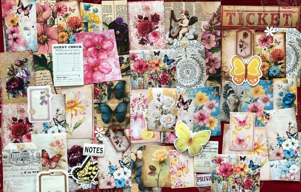#742 – RANDOM 15 PCS VINTAGE FLORAL SCRAPBOOK JUNK JOURNAL KIT / LOT