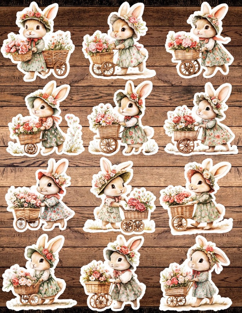 Bunny With Flower Cart Die Cut Vinyl Stickers Scrapbooking Laptop Waterbottle