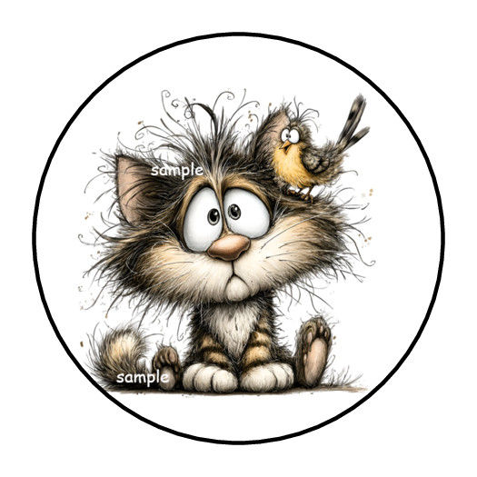 WHIMSICAL FUNNY CAT & BIRD ENVELOPE SEALS LABELS STICKERS FAVORS 1.5″ ROUND (30)