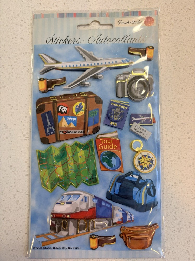 Punch Studio 3-Dimensional Stickers Train Luggage Map Plane Ticket Scrapbooking