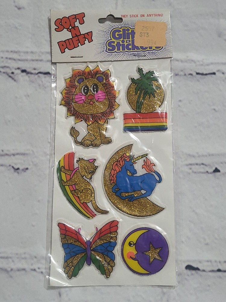 Vintage 80s Glitter Puffy Stickers Unicorn Rainbow Lion Butterfly Gordy Scrapboo