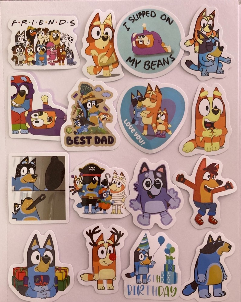 Set #2 ~ 16 PCs. Bluey Glossy Stickers 1.5″ to 1 3/4″ ~ Junk Journal Kids Crafts