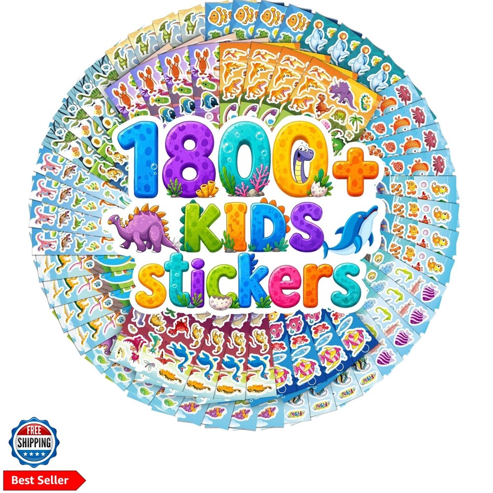 Stickers for Kids, 1800+ PCS 64 Sheets Dinosaur Ocean Animal Stickers, Waterp…