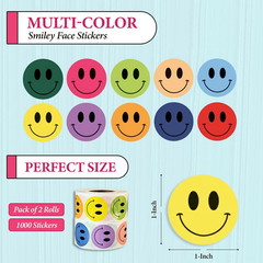 1000 Smiley Face Reward Stickers – 1 Inch round Multicolor Classroom Labels