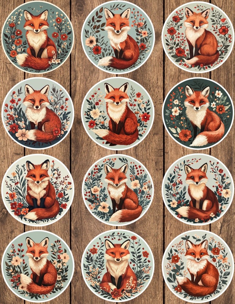 Fox Circle Die Cut Vinyl Stickers Set Scrapbooking Laptop Waterbottle
