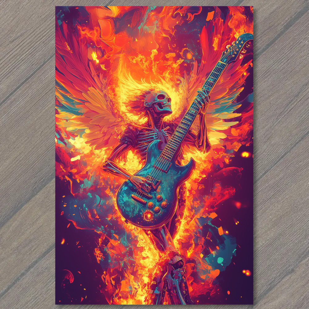 STICKER Fiery Skeleton Guitar Angel Halloween Rock Wings Flames Skull Music