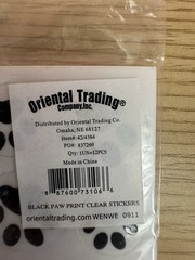 Oriental Trading Company Black Paw Print Clear Stickers 12 Sheets