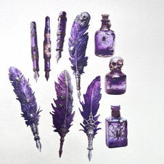 Gothic Feather Pen Ink Cardstock Stickers Purple Junk Journaling Collage