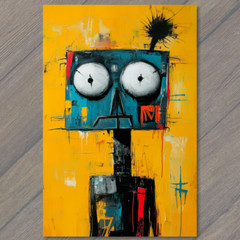 STICKER Big Eyed Robot Yellow Background Blue Face Drips Splatter Bold
