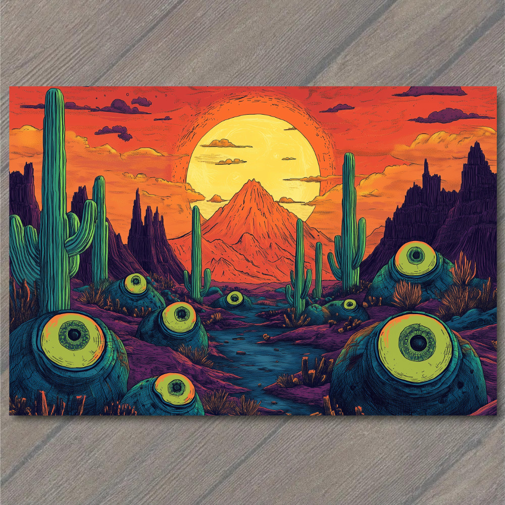 STICKER Desert Sunset Cactus Surreal Eyeballs Glowing Yellow Sky Weird Art