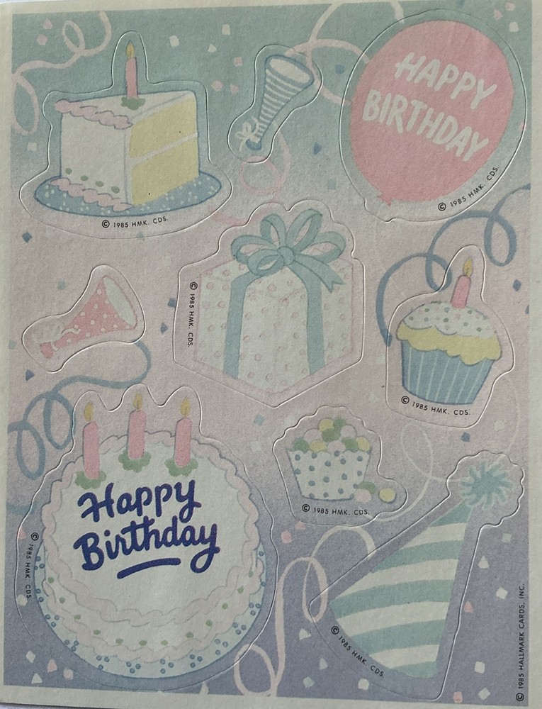 PASTEL HAPPY BIRTHDAY Stickers(9pc) Party*Cake*Balloons*Vintage 1985*Card Making
