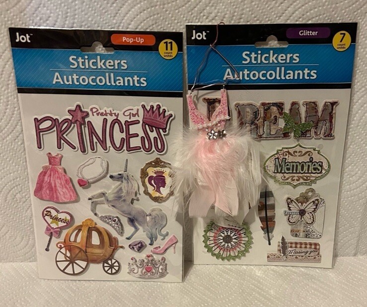 2 Packets of Stickers: Dream Glitter & Princess Pop-up w/Bonus Dress Ornament