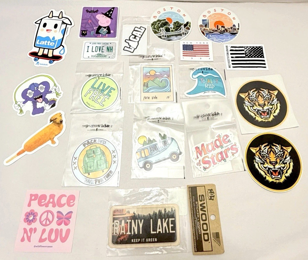 Vintage Sticker Decal Lot Rare Weiner Dog NY Boston Groovy Tiger NY Boston NH