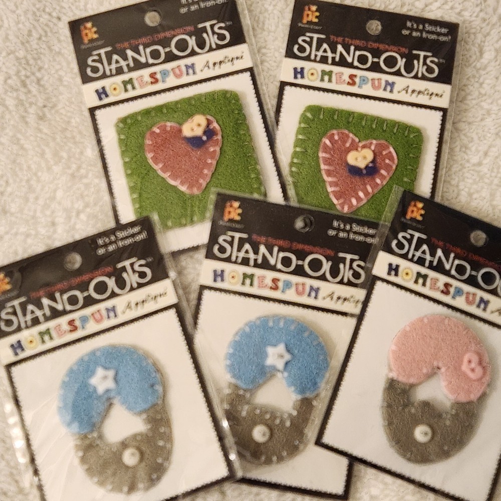 NEW Lot 5 Stand Outs Sticker Applique Iron On Heart Baby Diaper Pin Blue Pink -H