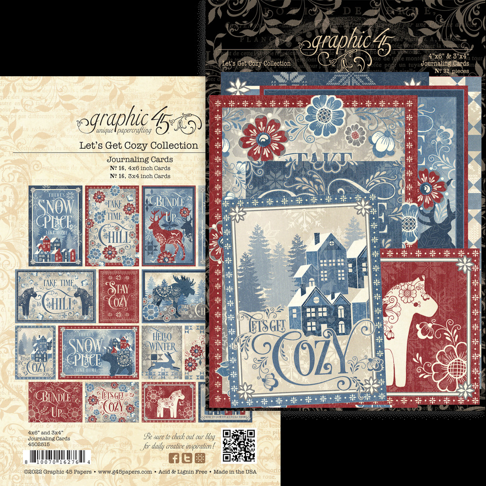 Graphic 45 LET’S GET COZY Journaling Cards 32pc Winter Mixed Media Scrapbook