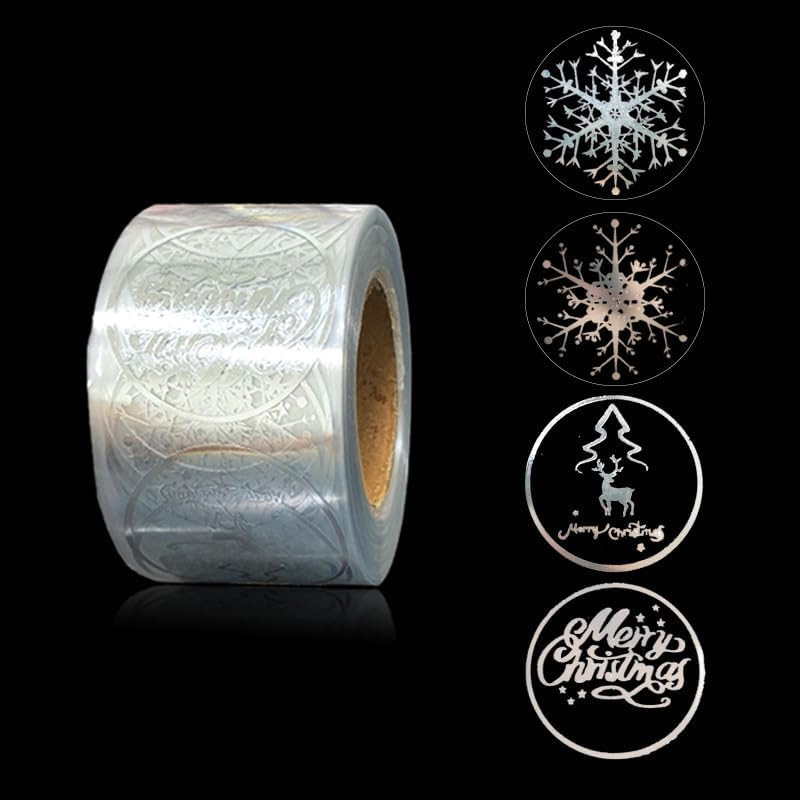 500Pcs Christmas Clear Stickers 1.0 Inch Silver Foils Snowflake Elk Roll Label S