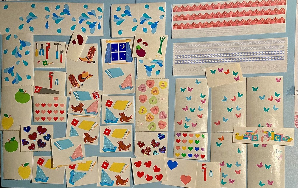 Lot Of Vintage Mrs. Grossman’s Stickers Baby, Hearts, Rain Drops, Cowboy, Food