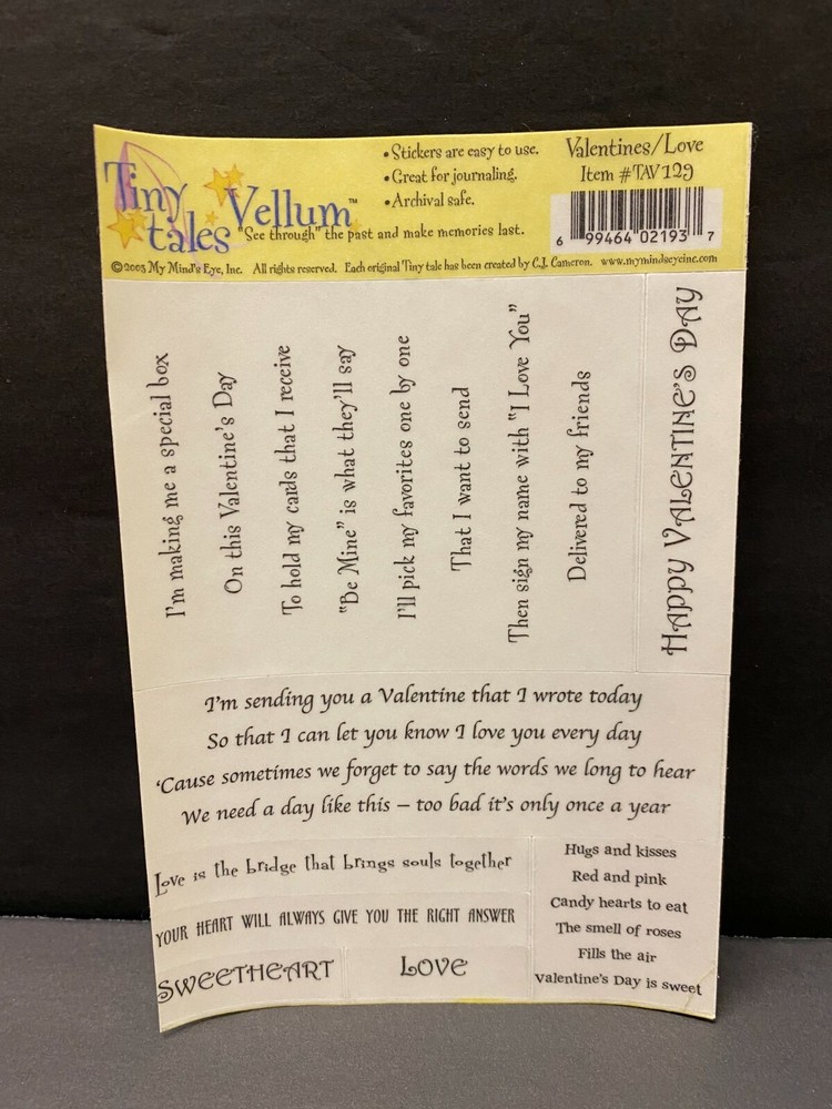 MME Tiny Tales Vellum Sticker Sheet–VALENTINES LOVE SWEETHEART poems notes