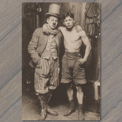 STICKER Circus Clown Top Hat Arm Around Boxer Strongman Backstage Tent
