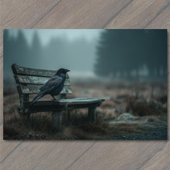 STICKER Crow Lonely Bench Misty Forest Moody Fog Bird Quiet Dusk Soft Light