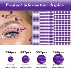 Deep Purple Rhinestones Stickers 4 Sizes Self Adhesive Gems Rhinestones for Face