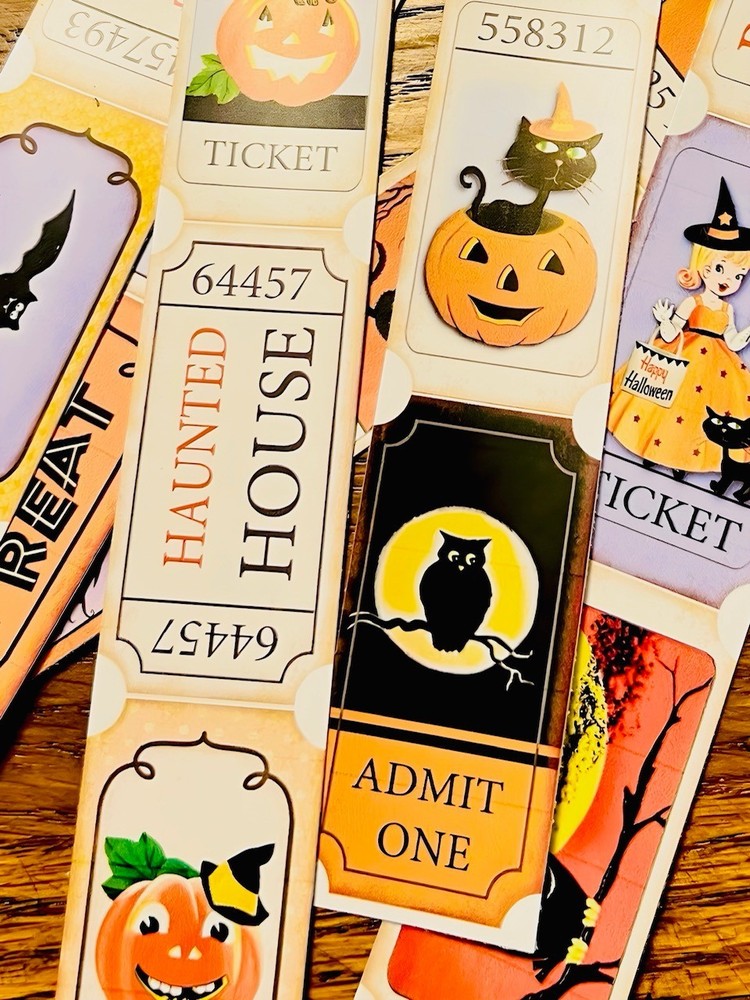 Set of 24 Retro Vintage Halloween Ticket STICKERS – Just Cut & Use!