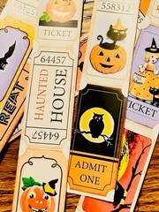 Set of 24 Retro Vintage Halloween Ticket STICKERS – Just Cut & Use!
