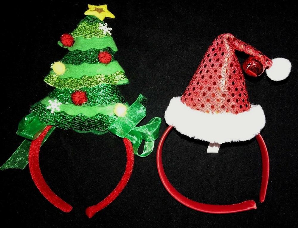 2 CHRISTMAS HEAD BANDS TREE DECORATED SANTA HAT SPARKLES JINGLE BELL super @@