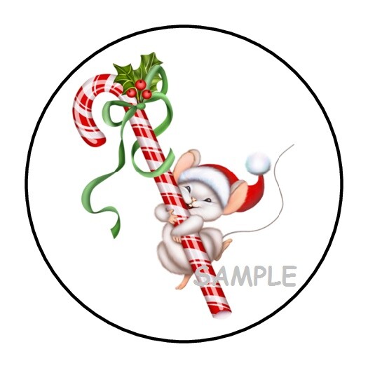 30 CUTE CHRISTMAS MOUSE ENVELOPE SEALS LABELS STICKERS 1.5″ ROUND CANDY CANE