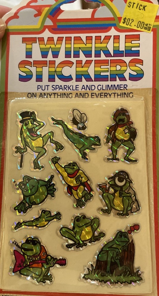 NOS Vintage 80s Prismatic Twinkle Frog Stickers Sparkle Glimmer sheet is white