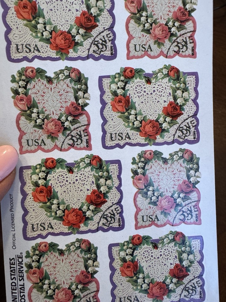 6 Gifted Victorian STICKERS Love HEART USPS Stamp Repro LACE JGrossman Michel